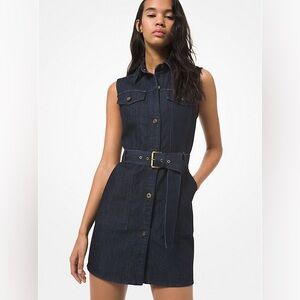 Michael Kors Dark Denim Sleeveless Western Chic Belted Button Front Dress- XS